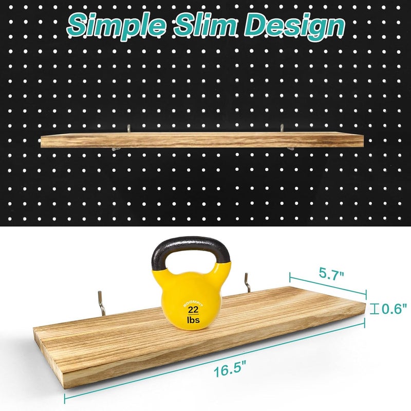 WOWKIT Pegboard Shelves, 16" x 6" Large Peg Board Racks 2Pack Wall Organizer Shelf, 1/4 inch Heavy Duty Metal Brackets Fit All Pegboards, Wood Slats, Craft Garage Workbench Office Shelving Accessories (Wood) - Image 3